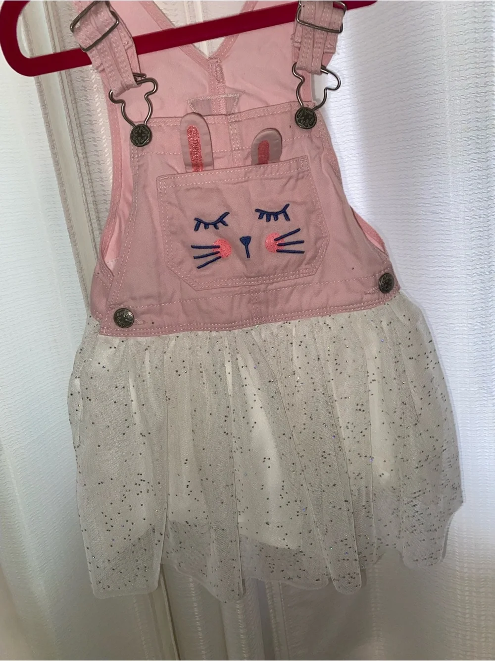 OshKosh B'gosh Pink Bunny Overall Dress Girls 3T Sleeveless Tulle Cotton Knee